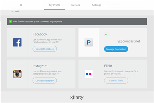 The confirmation message at the top of the screen reads: Your Pandora account is now connected to your profile.
