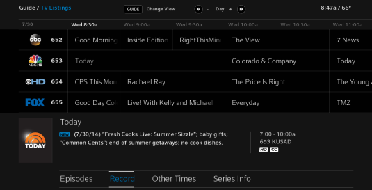 Highlight the desired action from the options list at the bottom of the Guide menu screen. Options include Episodes, Record, Other Times and Series Info. Record is highlighted.