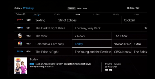 Guide Menu displays a grid of TV program listings. "Today" is selected in center screen.
