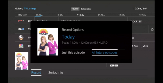 Record options display in center screen with options to record just this episode or all future episodes.