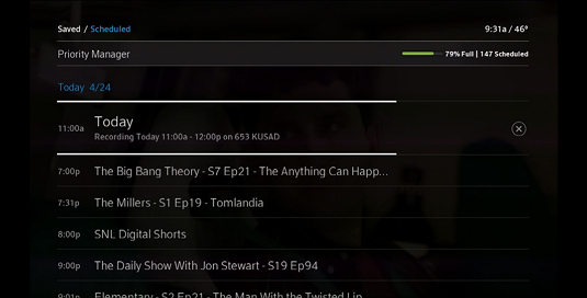 List of recordings display with option to select the title you wish to cancel