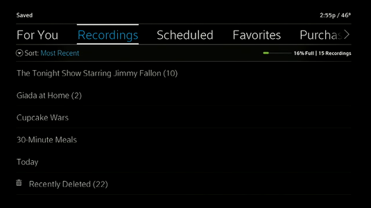 Recordings menu displays with the option to click the Recently Deleted folder.