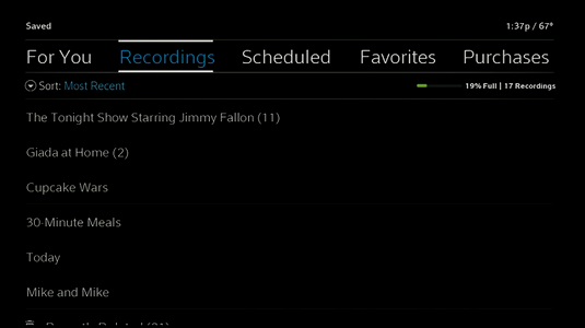Saved Menu displays with options to choose Recordings or Purchases.