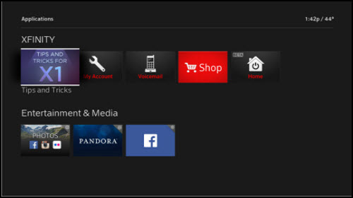 Tips and Tricks for X1 option is furthest to the left under Xfinity.