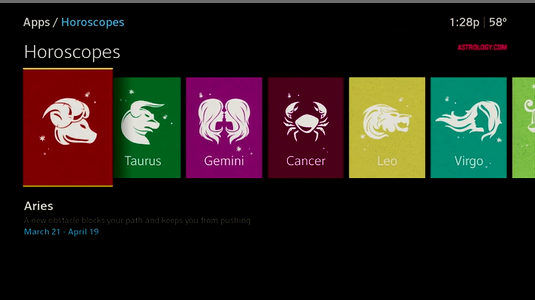 The astrological signs are displayed; Aries is selected.