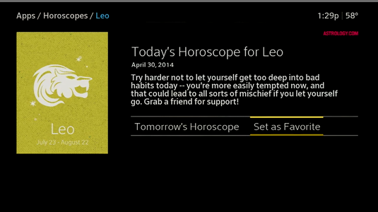 The horoscope for Leo is displayed, the option to set as Favorite is shown.