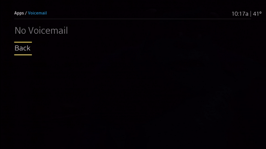 Voicemail app when all voicemails have been deleted. Screen reads "No Voicemail" and includes a Back option. Press OK on the remote to go back to the previous screen.