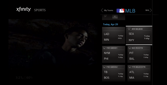 Sports app example. In-progress and upcoming game information displays on the right while the program continues to play on the left