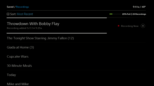 Your recordings display and the current recording displays as Recording Now.