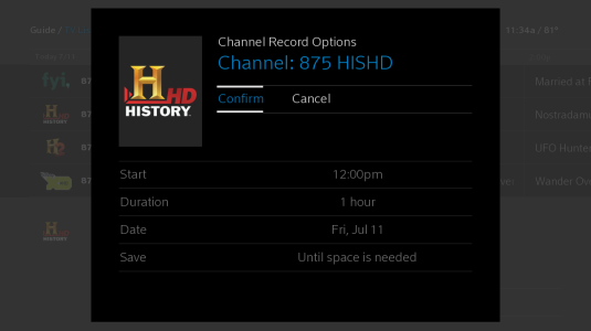The Channel Record Options screen has options to Confirm or Cancel near the top. Below are options for Start Time, duration, date, and saving priority.