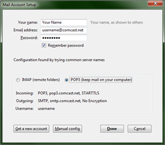 The mail account setup screen shows pop three selected along with buttons for get a new account and manual configuration