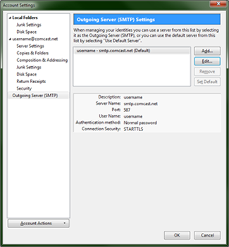 The outgoing sever settings page is displayed