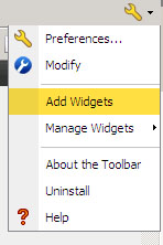 Settings button drop down menu with "Add Widgets" selected
