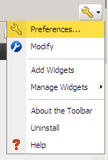 Settings dropdown menu with "preferences" highlighted