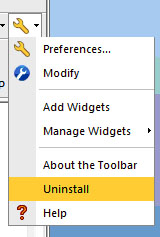 Pull-down menu from the toolbar's wrench icon displays. Select Uninstall.