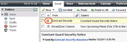The XFINITY Connect Inbox - confirm that an email came from Constant Guard