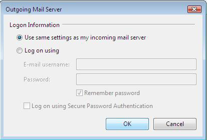 Windows Mail - Outgoing Mail Server window - "Use same settings as my incoming mail server" selected