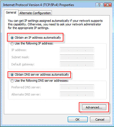 Internet Protocol Version 4 Properties Window with selected options.