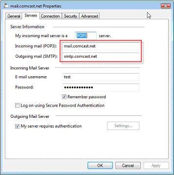 comcast incoming mail server password