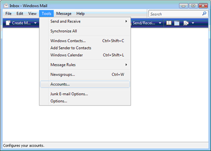 Inbox - Windows mail. Tools menu. Accounts selected
