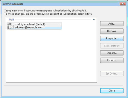 Internet Accounts window, Email account selected. Properties button selected.