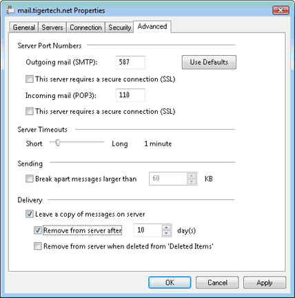 Advanced tab (under the Properties window). "Leave a copy of messages on server" box checked.