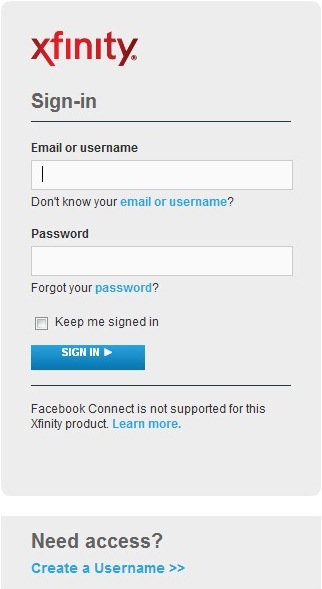 The Xfinity sign in screen displays fields for the email or user name and password and a button marked sign in