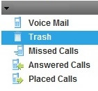 Trash is selected from a drop-down menu that also lists voice mail, missed calls, answered calls and placed calls