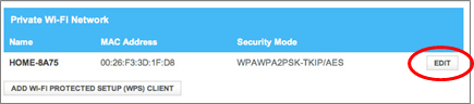 Under Private Wi-Fi Network the network name appears and the edit button to the right is highlighted.