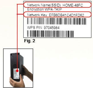 Image of bottom of wireless gateway showing label with SSID and Network key.