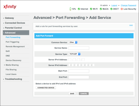 Add Port Forward option box with 'Save' and 'Cancel' options at the bottom.