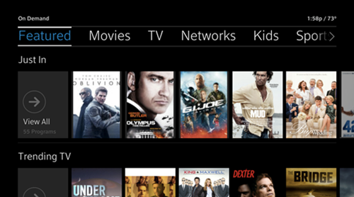 X1 Dashboard screen, On Demand tile selected with the new version of the X1 guide