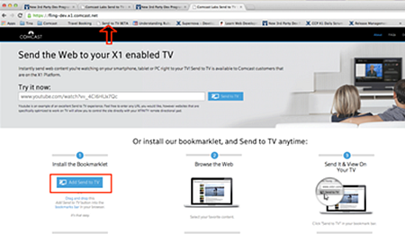 The Send to TV Web page. The button to be dragged to the Bookmarks bar is in the bottom-left corner of the page.