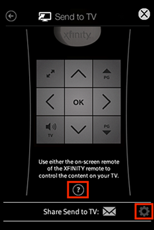 Send to TV web remote screen that reads "Use either the on-screen remote or the XFINITY remote to control the content of the TV." The ? button is centered at the bottom of the screen below this message. The other buttons on the screen appear above the message and are described in the next step. The Exit button is in the top-left corner of the screen.