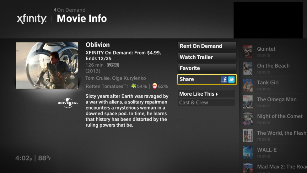 On Demand Movie Information displays with the option to Share to Facebook or Twitter