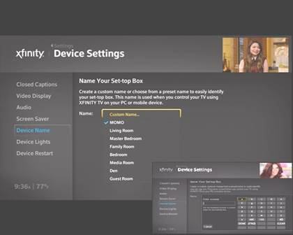 Device settings page. "Name your set-top box" option