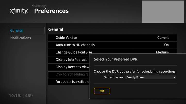 Default DVR options are displayed on the Settings Preferences screen