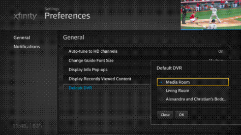 Default DVR options are displayed on the Settings Preferences screen