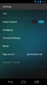 XFINITY X1 Remote app - Settings screen (Android)