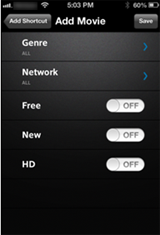 XFINITY X1 Remote app - Add Shortcut > Add Movie screen