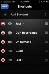 XFINITY X1 Remote app - Add Shortcut screen while deleting shortcuts