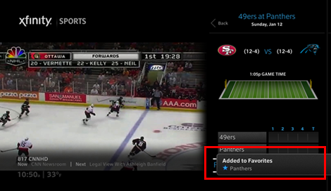 Confirmation that a team has been Added to Favorites.
