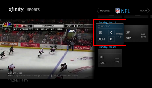Live game scores are displayed on blue tiles on the Sports app screen.