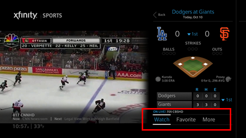 Interactive version of game displays with Watch, Favorite or More options.