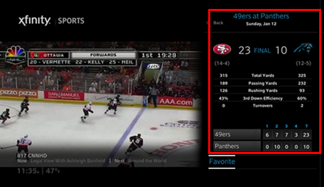 An example of the game stats available for a Panthers-49ers NFL game.