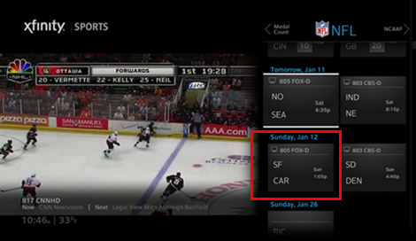 Navigating and highlighting one of the scheduled NFL games.