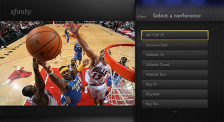 A screen shows video footage from a game and a list of conferences