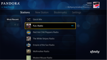 A radio station has been selected for deletion from a list of stations on the Pandora stations screen