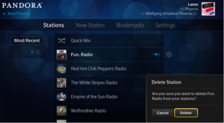 An overlay labeled Delete Station displays buttons for cancel and delete
