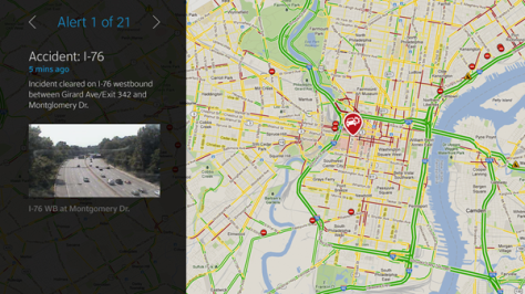 A map and a traffic alert are displayed